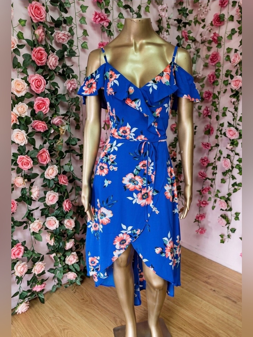 by & by Royal Blue Floral High-Low Wrap Dress